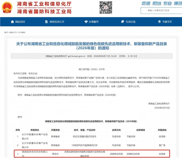 喜报 | 锐异资环“多源含砷危废协同熔炼全程砷污染控制及高值化利用”技术入选湖南省绿色低碳先进适用新技术、新装备和新产品目录